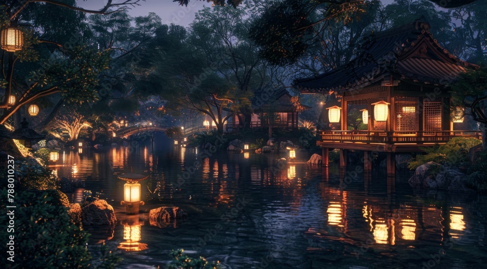 Obraz premium A serene Japanese garden at night, with lanterns illuminating the water and intricate stone bridges over tranquil pools of koi pond, surrounded by lush greenery and traditional wooden 