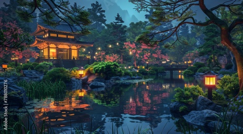 A serene Japanese garden at night  with lanterns illuminating the water and intricate stone bridges over tranquil pools of koi pond  surrounded by lush greenery and traditional wooden 