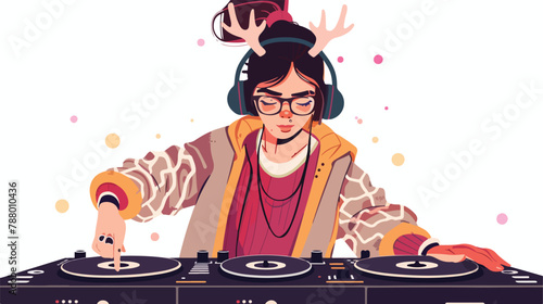 Fashionable female DJ in funny deer horns and glasses