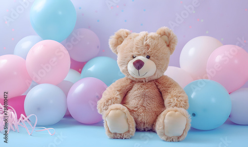 colorful balloons and teddy bear on pink and blue background, Generative AI 