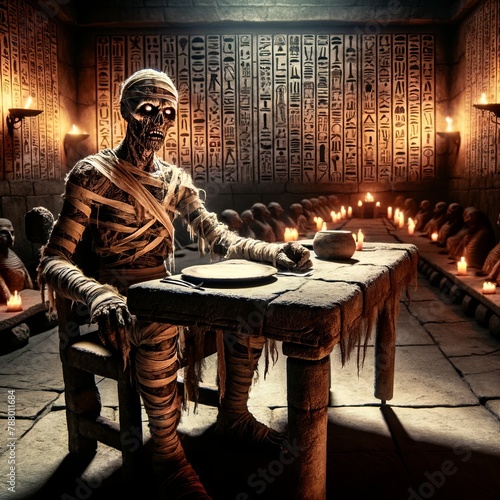 Mummy sitting at a table in a dark room full of sarcophagi photo