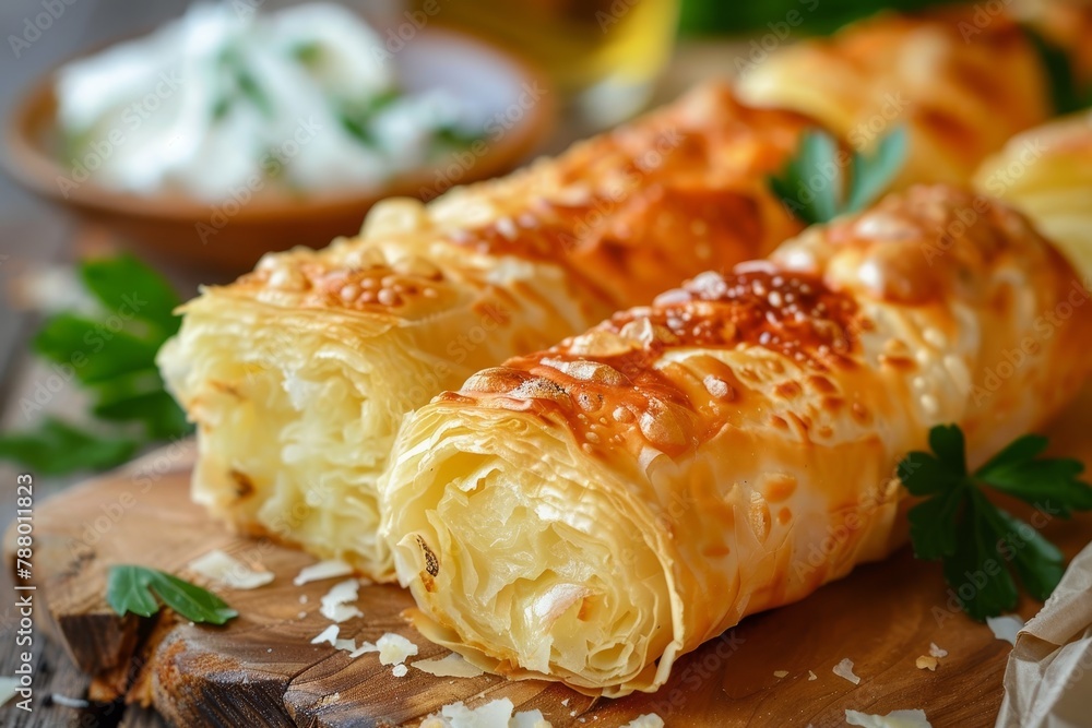 Cheesy phyllo wrapped fried pastry roll called Kalem borek or sigara boregi
