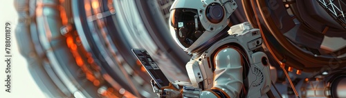 An astronaut is checking his phone in a spaceship. photo