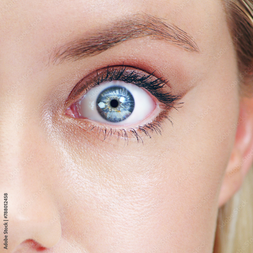 Fototapeta premium Cosmetic, beauty and blue eye with natural iris color for long eyelashes and mascara. Makeup, optical and closeup of awake woman with vision, sight and eyecare for dilating pupil for optometry.