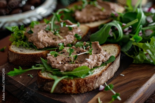 Chicken liver pate on bread with vegetables and sauces