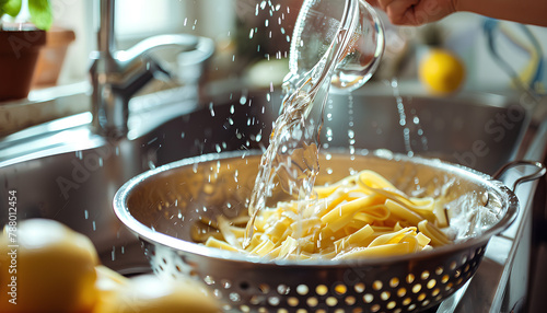 Woman pouring water from boiled pasta into colander in sink