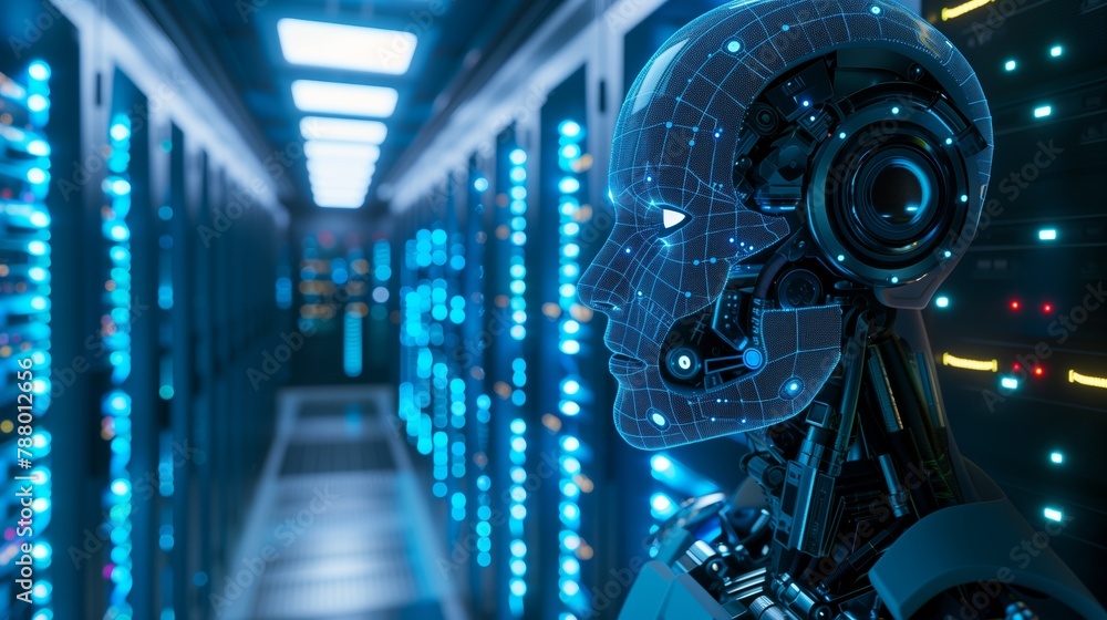 A blue robot stands in a server room surrounded by glass and technology A blue robot stands in a server room surrounded by glass and technology