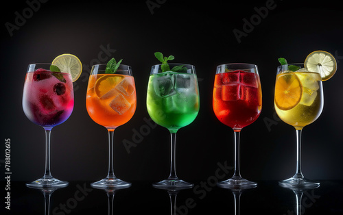 variety of colourful cocktails on granite table, luxury and elegant