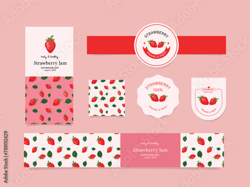 Strawberry logo label on pattern background. Hand drawn painting strawberry. Organic and natural product guaranteed banner. Vector logo design.