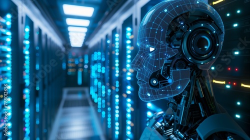 A blue robot stands in a server room surrounded by glass and technology