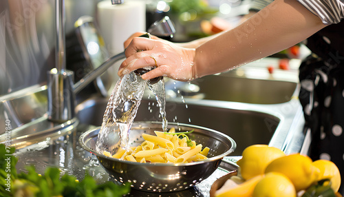 Woman pouring water from boiled pasta into colander in sink photo