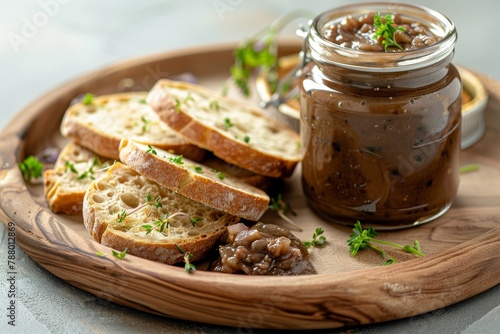 Chicken liver pate with onion chutney in a jar with bread and crackers on a wooden plate Gray background focus on food