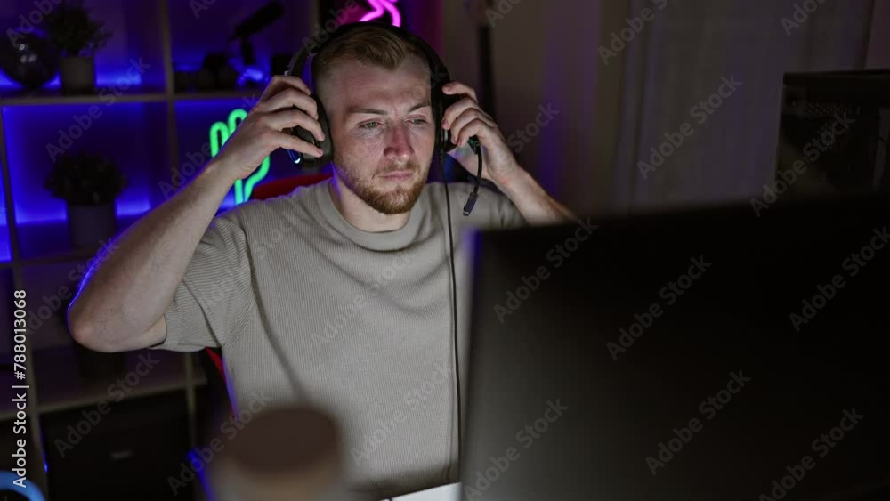 Bearded young man in headphones celebrates a win at a computer in a vibrant gaming room at night Bearded young man in headphones celebrates a win at a computer in a vibrant gaming room at night