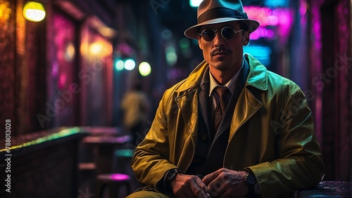 A man wearing a hat and trench coat is sitting in a dark room.