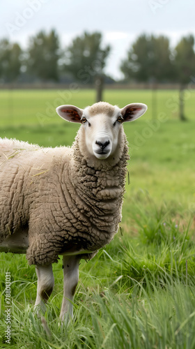 A single sheep with a thick woolly coat looks curiously at the camera while grazing in a lush, green pasture under a cloudy sky.
