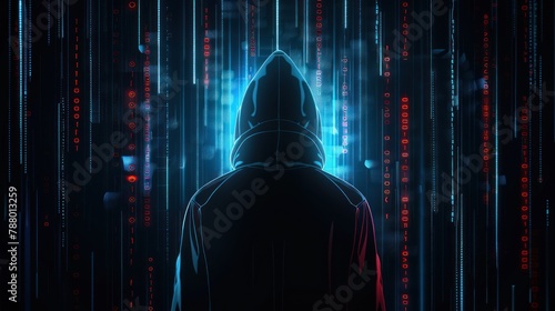 Hacking concept. Hacker with binary code digital interface background.