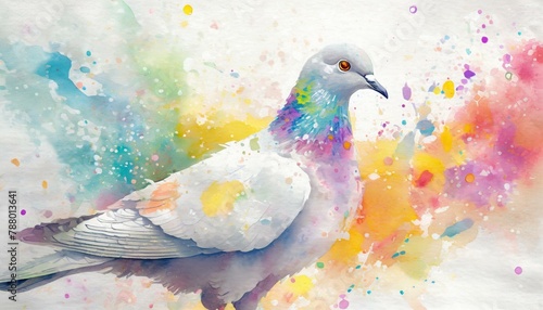 Modern colorful watercolor painting of a pigeon  textured white paper background  vibrant paint splashes. 