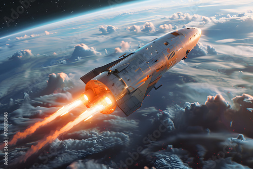  the spaceship descends through the atmosphere, its heat shield glowing red-hot as it withstands the intense friction of reentry.