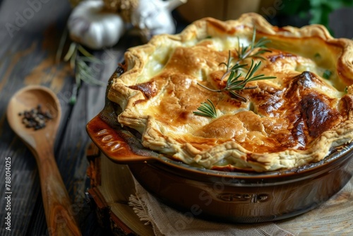 Classic shepherd s pie served in Dutch oven on wood board photo