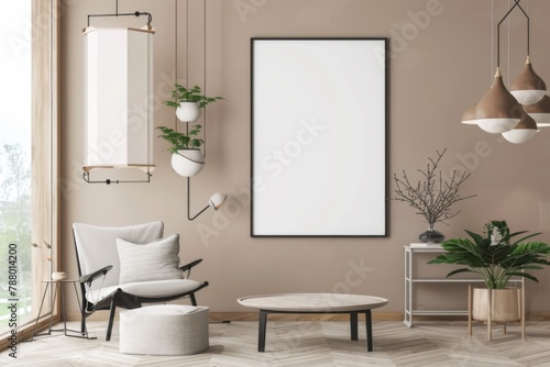 Beige Scandinavian Interior with Poster Mockup created with Generative AI © dendyh7