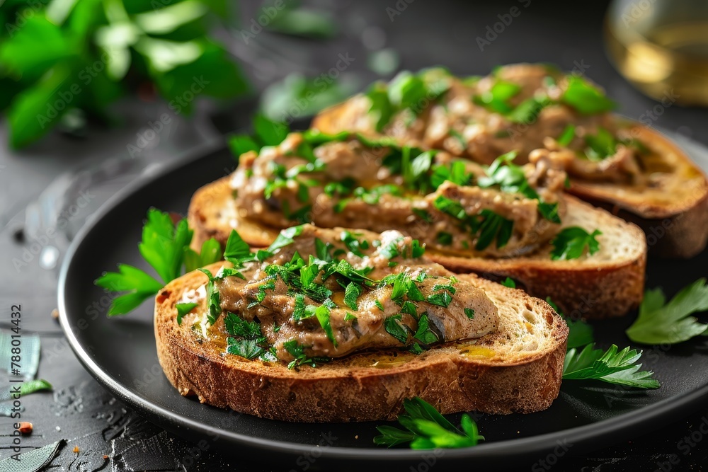 Close up of chicken liver pate on crispy toast with parsley leaves on black plate Close up of chicken liver pate on crispy toast with parsley leaves on black plate