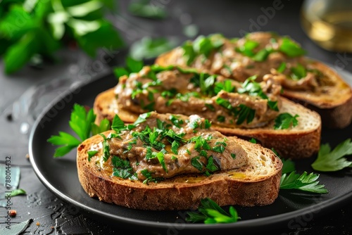 Close up of chicken liver pate on crispy toast with parsley leaves on black plate