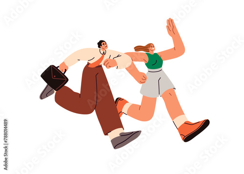 Optimistic vs pessimistic state, attitude to life challenges. Happy woman and sad tired man keeping up, running, rushing. Psychology concept. Flat vector illustration isolated on white background photo