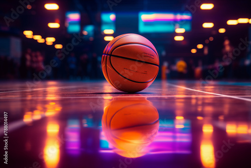 Generative AI of a basketball ball in a modern arena. 