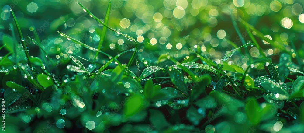 Macro fresh green eco grass dew after rain.