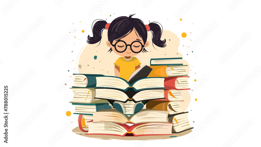 Vector illustration of a girl with a ponytail sitting on many books, girl reading, flat vector illustration, education concept illustration,imagination. Flat vector illustrations isolated on white bac Vector illustration of a girl with a ponytail sitting on many books, girl reading, flat vector illustration, education concept illustration,imagination. Flat vector illustrations isolated on white bac