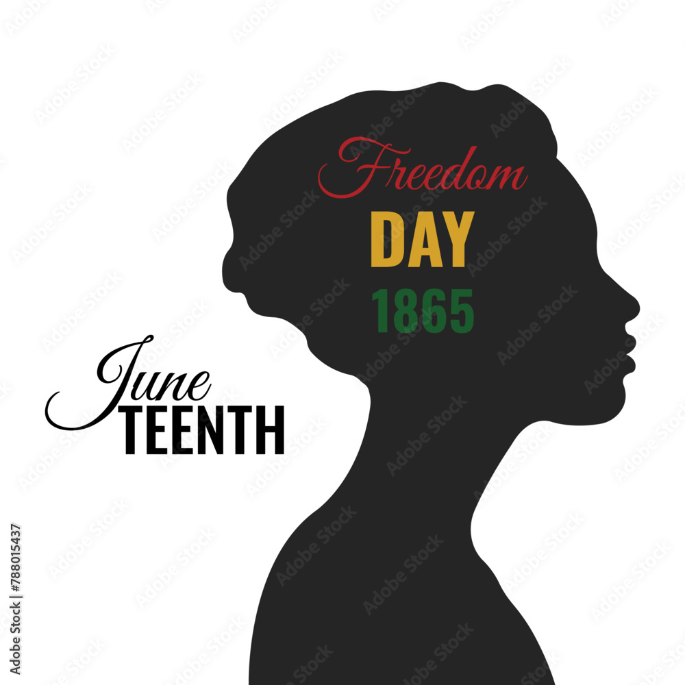 Nineteenth of June is Freedom Day, Emancipation Day, Emancipation Day. The concept of identity is racial equality and justice.Emancipation Day in USA.Vector illustration with silhouette of black woman