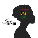 Nineteenth of June is Freedom Day, Emancipation Day, Emancipation Day. The concept of identity is racial equality and justice.Emancipation Day in USA.Vector illustration with silhouette of black woman