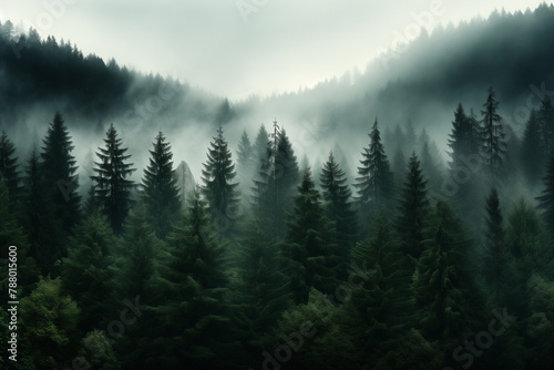  Dense morning fog in alpine landscape with fir trees and mountains. © belyaaa