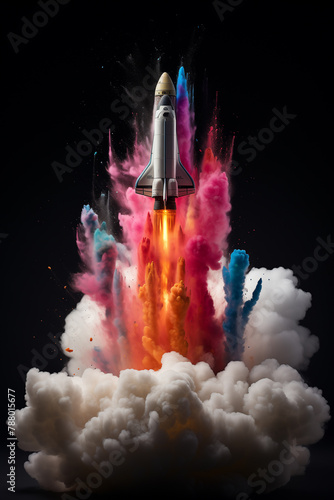 Rocket taking off with colorful smoke .Generative AI.	
