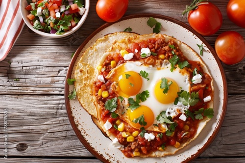 Close up of huevos rancheros on a table top down view photo