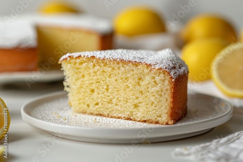 Close up of lemon sponge cake slice on plate with lemons in background