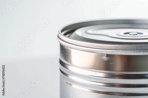 Close up of metal tin can on white background