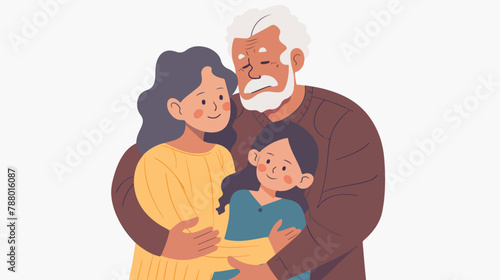 Grandfather and grandmother cuddling with grandchild.