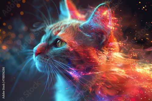 Fantastic image of a cat with glowing fur on a blurred background with golden bokeh. Pets. Generated by artificial intelligence