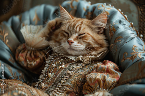 A cat in a vintage Renaissance dress lies on the sofa. Luxury and idleness concept. Generated by artificial intelligence