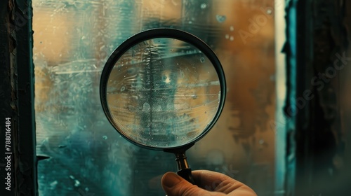 Magnifying glass in the hand of a man on the background of the window