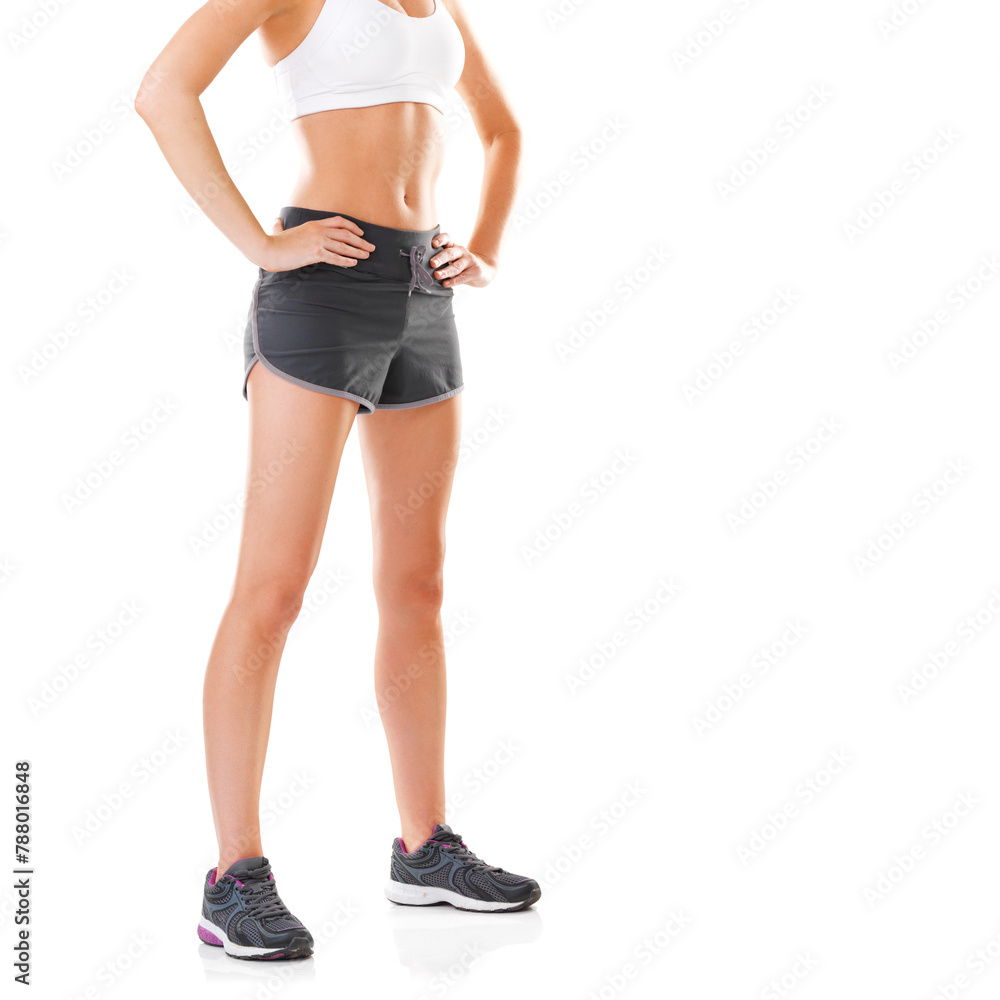 Fitness, workout and body of woman on a white background for training, exercise and running. Sports athlete, runner legs and isolated person in sportswear for wellness, shoes or performance in studio Fitness, workout and body of woman on a white background for training, exercise and running. Sports athlete, runner legs and isolated person in sportswear for wellness, shoes or performance in studio