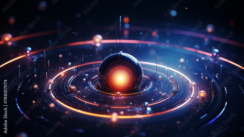 Futuristic 3D geometric galaxy with interstellar tech elements and neon orbits Futuristic 3D geometric galaxy with interstellar tech elements and neon orbits