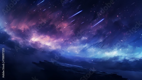 Glowing abstract meteor shower in rich purples and blues against a dark sky photo