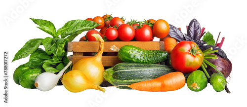 Fresh vegetables harvest in basket. Organic food isolated PNG