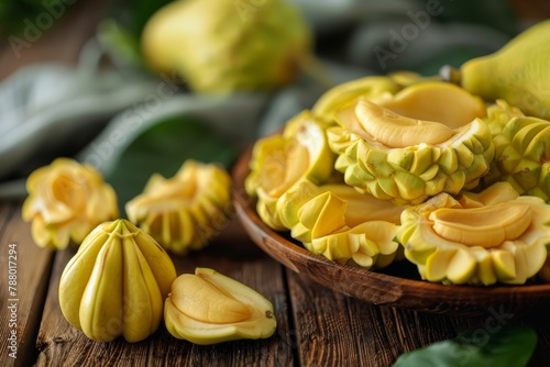 Closeup of fresh jackfruit bulbs on wooden table photo