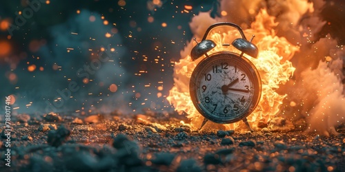 Alarm Clock Engulfed in Flames at Night. Generative AI