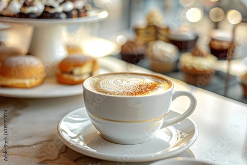 Coffee cup on table with saucer of cakes