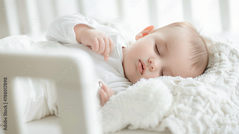Cute newborn baby sleeping peacefully in a white crib. Relaxation, confidence, dreams. Cute newborn baby sleeping peacefully in a white crib. Relaxation, confidence, dreams.