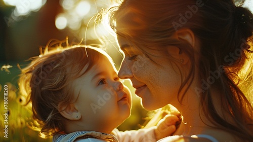 Loving mother holding and carrying her baby with sunset view